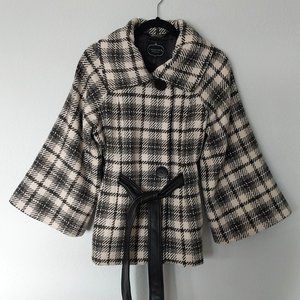 1 Madison Gray and Black Plaid Wool Blend Bell Sleeve Belted Coat NWOT